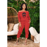 Women's Ribbed Loose Off Shoulder Casual Skull Print Two-Piece Pants Set