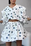 Women Ruffle Strawberry Print Long Sleeve Top and Skirt Two-Piece Set