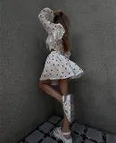 Women Ruffle Strawberry Print Long Sleeve Top and Skirt Two-Piece Set