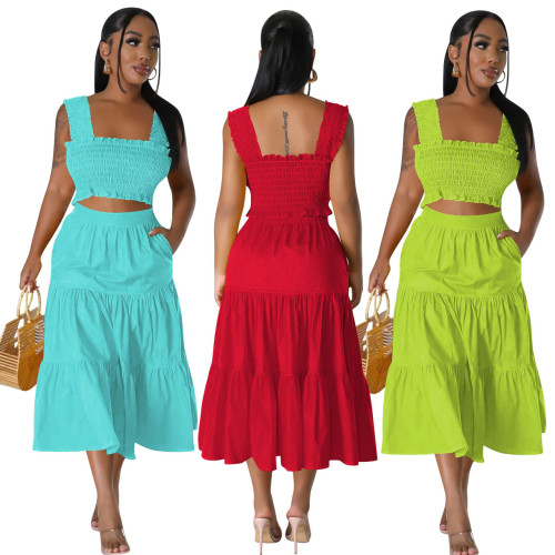 Women's Fashion Sexy Solid Straps Two-Piece Skirt Set Women's Clothing
