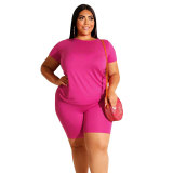 Plus Size Women's Casual Solid Round Neck Short Sleeve T-Shirt Shorts Two Piece Set