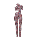 Women's Clothes Sexy Hollow Shoulder Fashion Print Wrapped Chest Tight Fitting Jumpsuit For Women