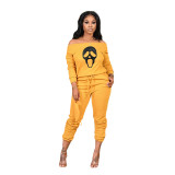 Women's Ribbed Loose Off Shoulder Casual Skull Print Two-Piece Pants Set