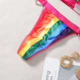 Women Summer Rainbow Stripe lace Backless Sexy Bikini Two Pieces