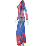 Women Round Neck Print Long Sleeve Maxi Dress