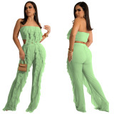 Women Summer Casual Solid Strapless Mesh Crop Top and Pant Two-Piece Set