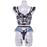Women Contrasting Mesh Embroidery Sexy Lingerie Three-Piece