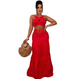 Women Sexy Solid Crop Top and Belt Skirt Two-Piece Set