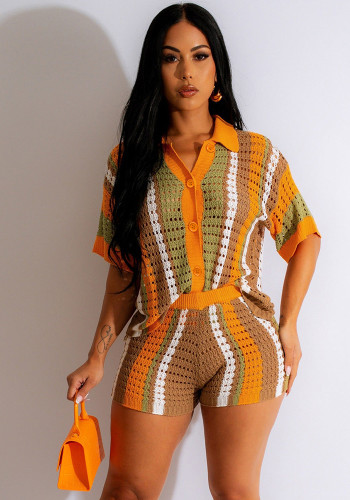 Women Sexy Cutout See-Through Contrasting Color Turndown Collar Top and Shorts Two-Piece Set