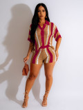 Vrouwen sexy uitsparing doorzichtige contrasterende kleur kraag top en korte broek tweedelige set