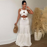 Women Sexy Solid Crop Top and Belt Skirt Two-Piece Set