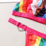 Women Summer Rainbow Stripe lace Backless Sexy Bikini Two Pieces
