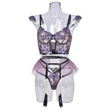 Women Contrasting Mesh Embroidery Sexy Lingerie Three-Piece