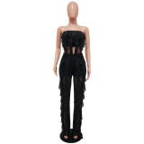 Women Summer Casual Solid Strapless Mesh Crop Top and Pant Two-Piece Set