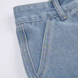 Summer High Waist Zipper Split Patchwork Multi Pocket Straight Loose Street Fashion Denim Trousers Women
