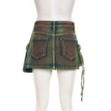Women's Tie Dye Distressed Patchwork Irregular Pocket High Waist Zipper Slim Denim Skirt