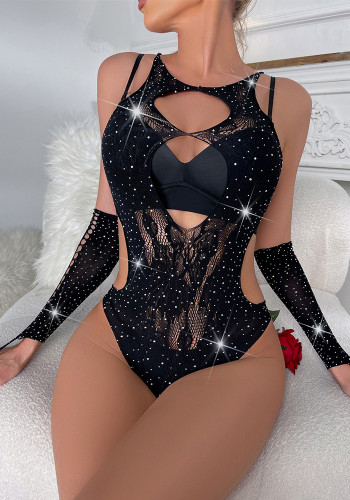 Hollow out provocative sexy Beaded erotic lingerie women's bright diamond black fishnet Tight Fitting net with gloves