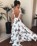 Boho Low Back Lace-Up Sling Print Maxi Dress