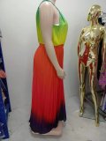 Women's Round Neck Sleeveless Maxi Pleated Tie Dye Pressed Pleated Slim Waist Rainbow Dress