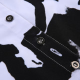 Spring Summer Fashion Trend Ladies Abstract Face Print Turndown Collar Short Sleeve Button Loose Cropped Shirt