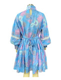 Spring and Autumn Women's Fashion Chic Long Sleeve High Neck Swing Print Dress