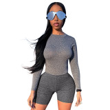 Women's Summer Contrast Tight Fitting Long Sleeve Top Cropped Shorts Casual Set