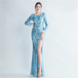 High-density ostrich feather sequin long-sleeved mermaid high-end evening dress