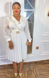 African Plus Size Dress Women's Chiffon Pleated Dress with Belt and Free Brooch
