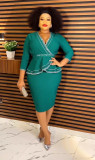 African Ladies Plus Size Chic Beaded Professional Dress Two-Piece Set