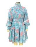 Spring and Autumn Women's Fashion Chic Long Sleeve High Neck Swing Print Dress