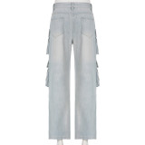 Summer High Waist Zipper Split Patchwork Multi Pocket Straight Loose Street Fashion Denim Trousers Women