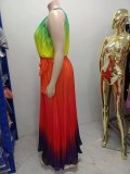 Women's Round Neck Sleeveless Maxi Pleated Tie Dye Pressed Pleated Slim Waist Rainbow Dress