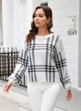 Autumn Winter Women's Sweater Plaid Patchwork Casual Fashion Pullover Round Neck Knitting Shirt