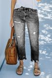 Washed Ripped Women's Denim Pants High Rise Straight Leg Trousers