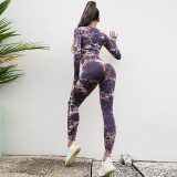 Peach Hip Fitness Pants Tie-Dye Yoga Clothing Sports Long-Sleeved Top Fitness Sports Trousers Yoga Suit Women