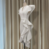 V Neck Ruffle High Waist Plus Size Slim Irregular Hem Women's White Dress