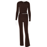 Knitting Hooded Suit Women's Fashion Sexy High Waist Long-Sleeved Trousers Two-Piece Set