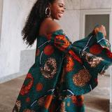 Africa Plus Size Women's Chic Off Shoulder Bell Bottom Sleeve Print Dress