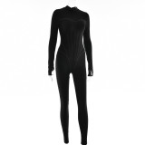 Women's Sexy Tight Fitting Zipper Jumpsuit Fall Long Sleeve Round Neck Basic One Piece Overall Pants