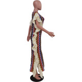 Women's Ruffled Knitting Striped Slit Maxi Dress