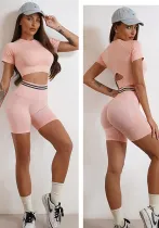 Seamless Pleated Yoga Clothing Two-Piece Set Women Outdoor Fitness High Waist Slim Fit Tight Fitting Short Sleeve Yoga Suit
