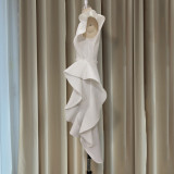 V Neck Ruffle High Waist Plus Size Slim Irregular Hem Women's White Dress