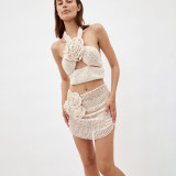 Summer Women's Crochet Knitting Slim Sleeveless Vest High Waist Bodycon Skirt Two Piece Set Female