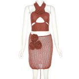 Summer Women's Crochet Knitting Slim Sleeveless Vest High Waist Bodycon Skirt Two Piece Set Female
