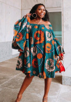 Africa Plus Size Damen-Kleid, schick, schulterfrei, mit Glockenärmeln und Print