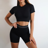 Seamless Pleated Yoga Clothing Two-Piece Set Women Outdoor Fitness High Waist Slim Fit Tight Fitting Short Sleeve Yoga Suit