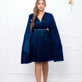Belted V-Neck Chic Long Sleeve Cape Slim Waist Gown Dress