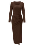 Women's Fashion Autumn/Winter Casual U-Neck Slit Drawstring Long Sleeve Elegant Dress