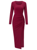 Women's Fashion Autumn/Winter Casual U-Neck Slit Drawstring Long Sleeve Elegant Dress