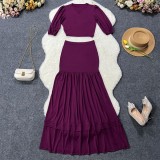 Spring Summer Slim Casual High Waisted Solid Long Sleeve V-Neck Two-Piece Skirt Set